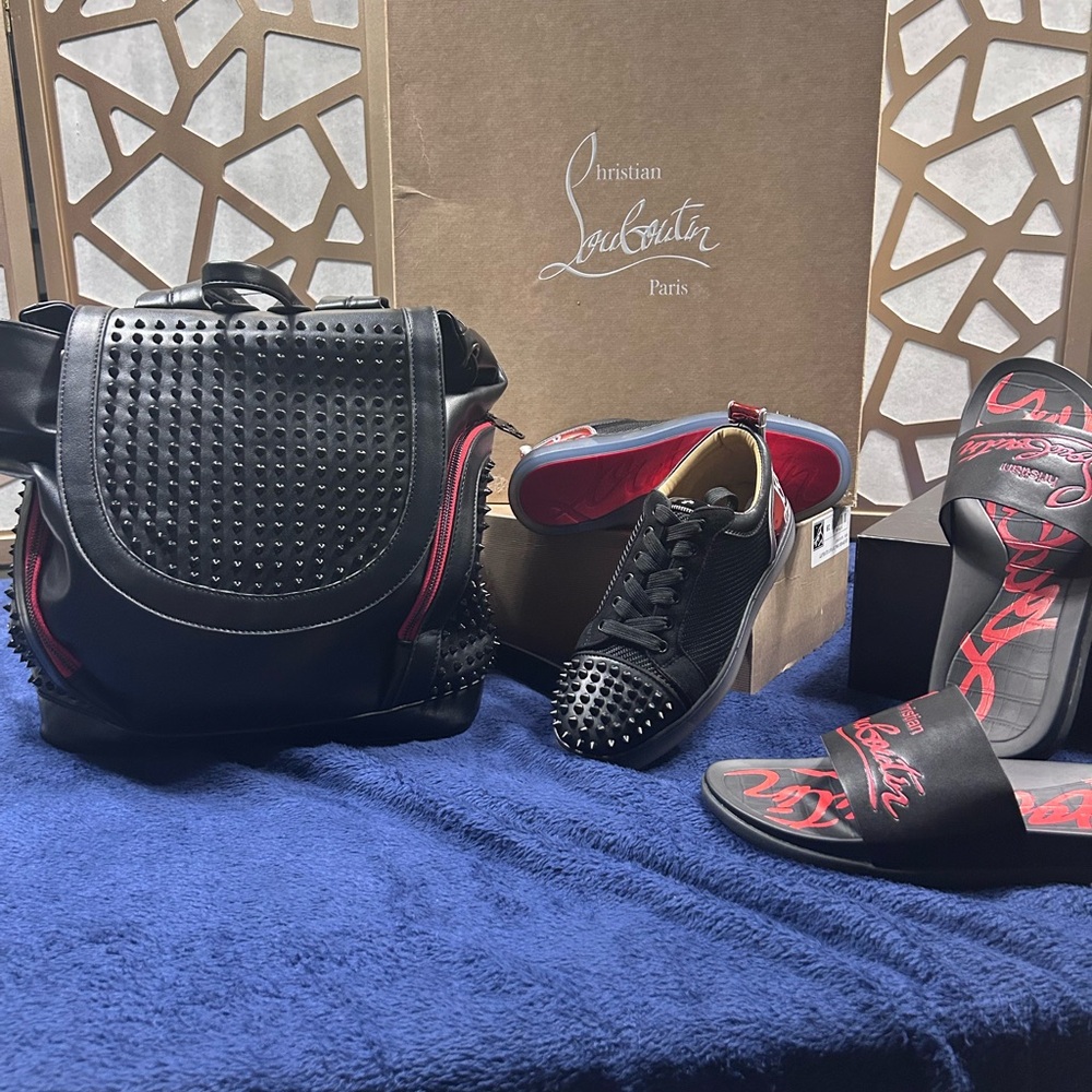Christian LV backpack, Slides size 11 men’s,